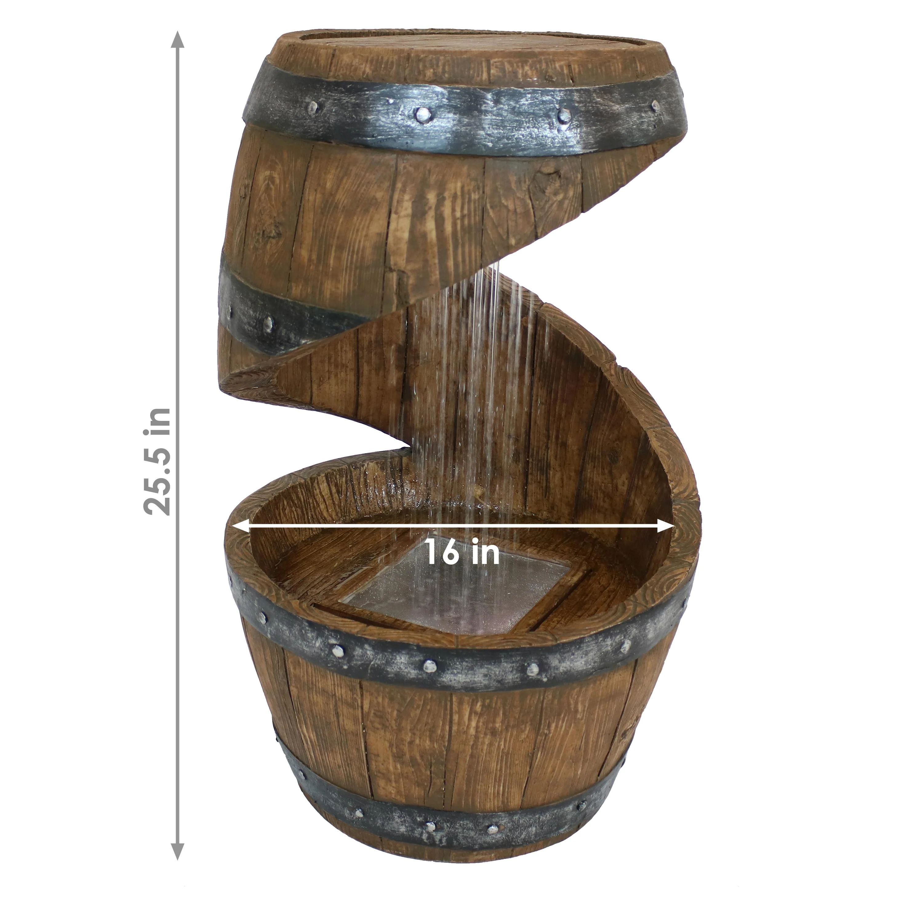 Sunnydaze Spiraling Barrel Outdoor Water Fountain with LED Light - 25