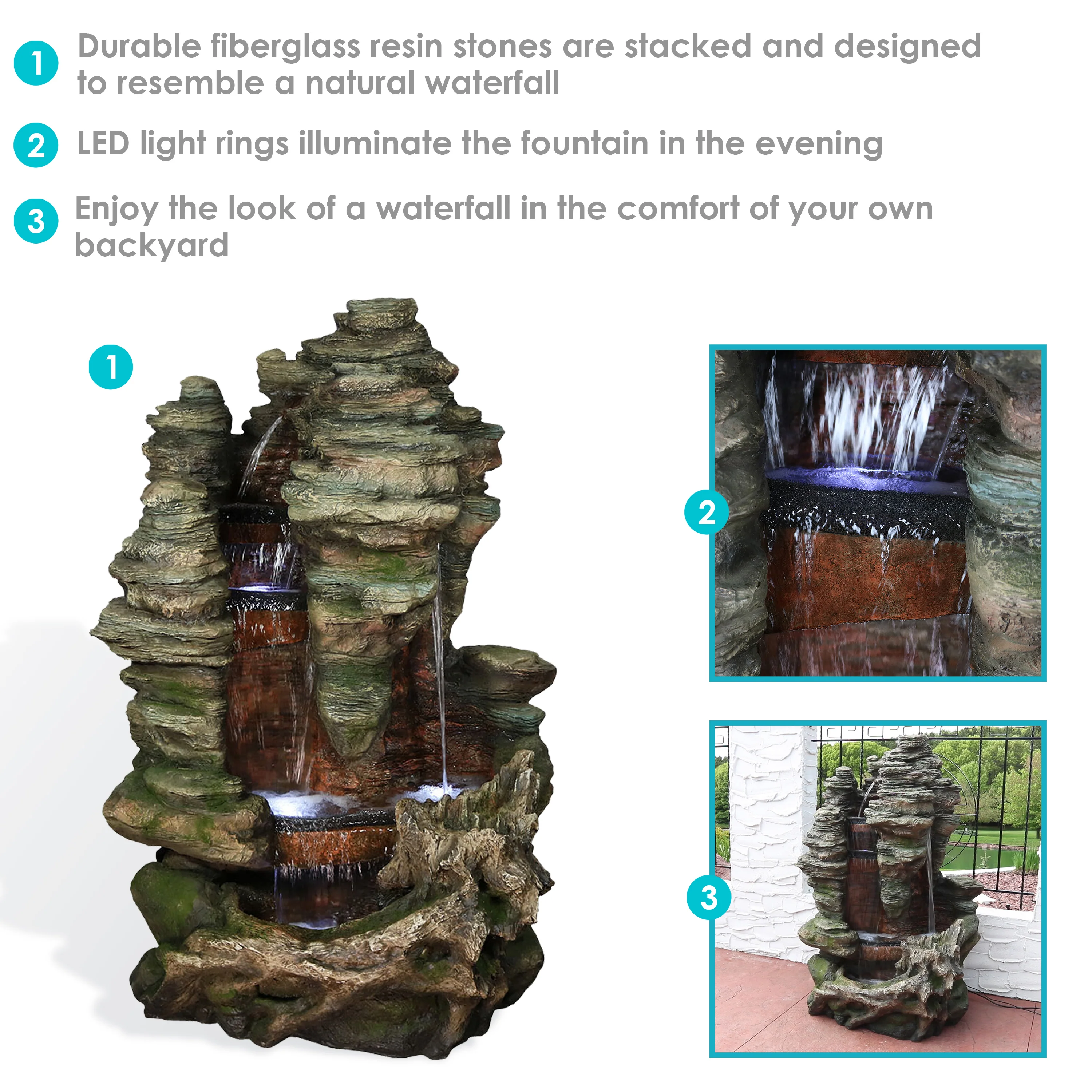 Sunnydaze Flat Rock Summit Large Outdoor Waterfall Fountain with LED Lights - 61