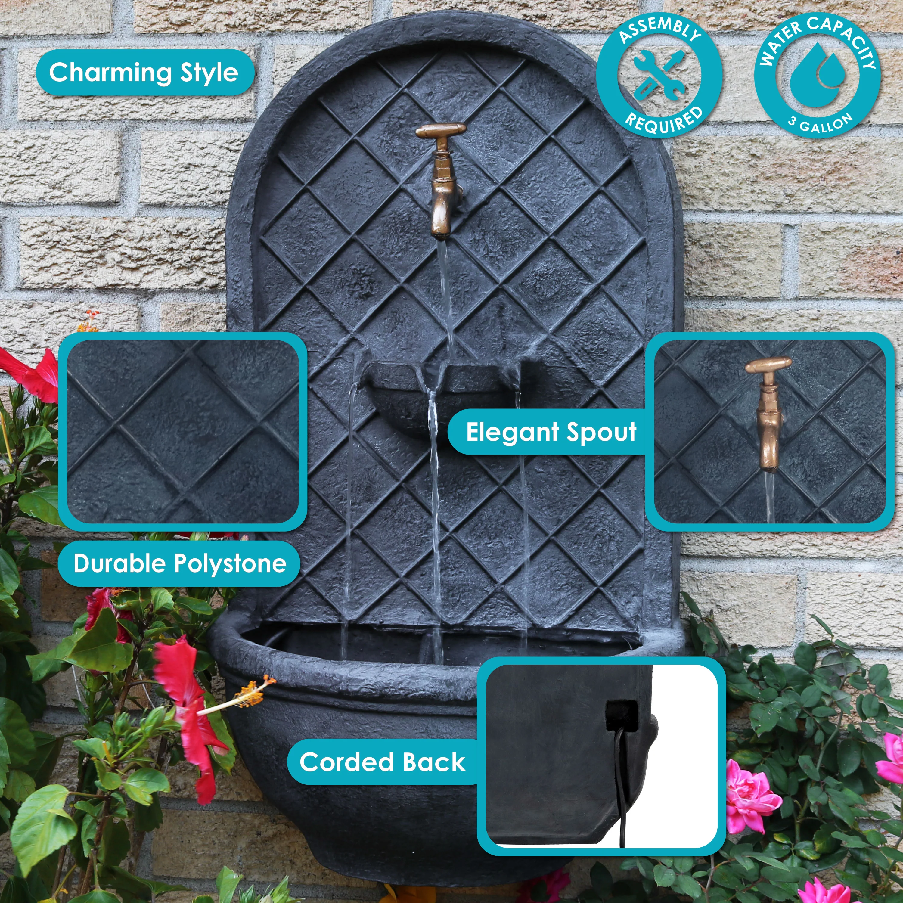 Sunnydaze Messina Solar Wall Fountain with Battery Backup - 26