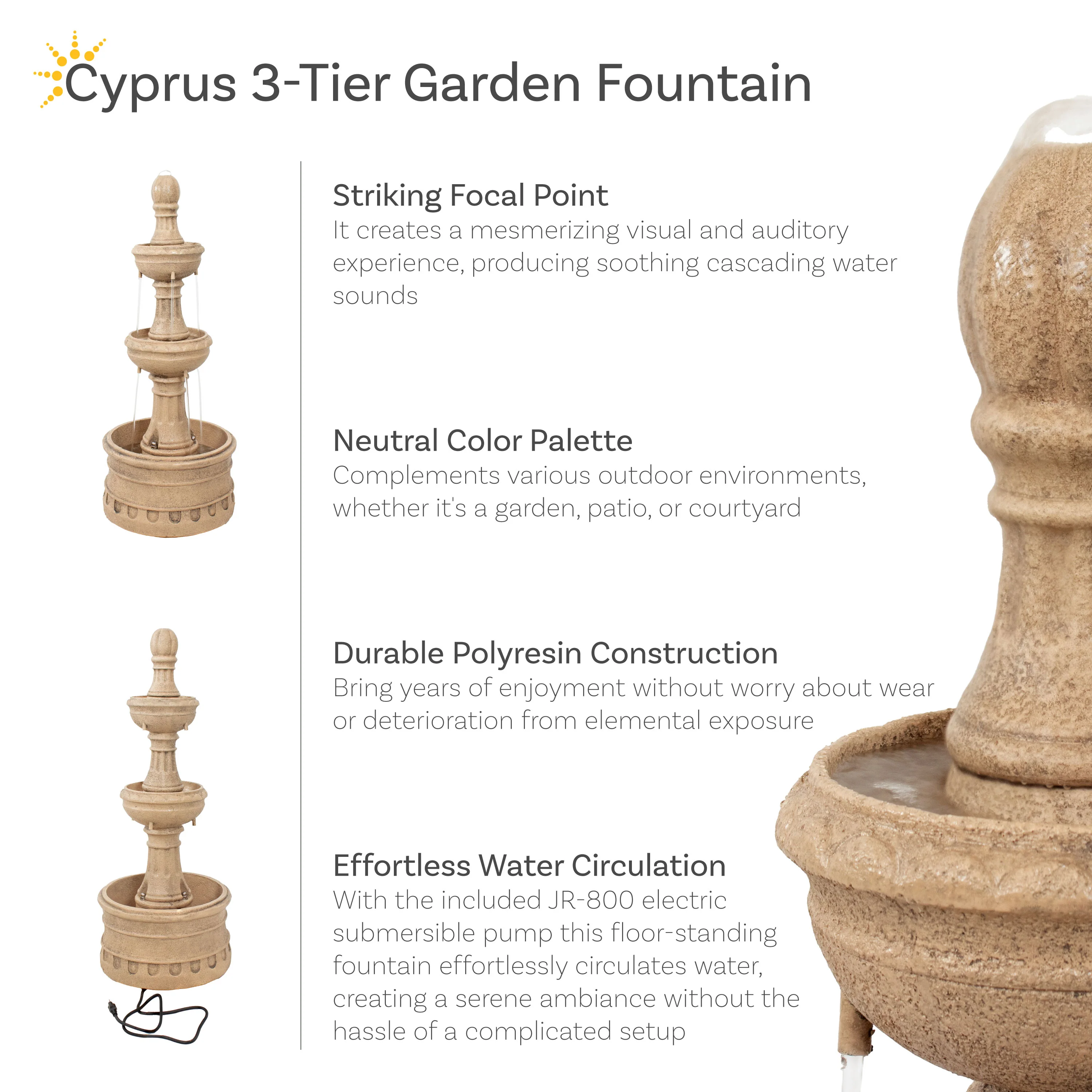 Sunnydaze Cyprus 3-Tier Polyresin Outdoor Water Fountain - 39