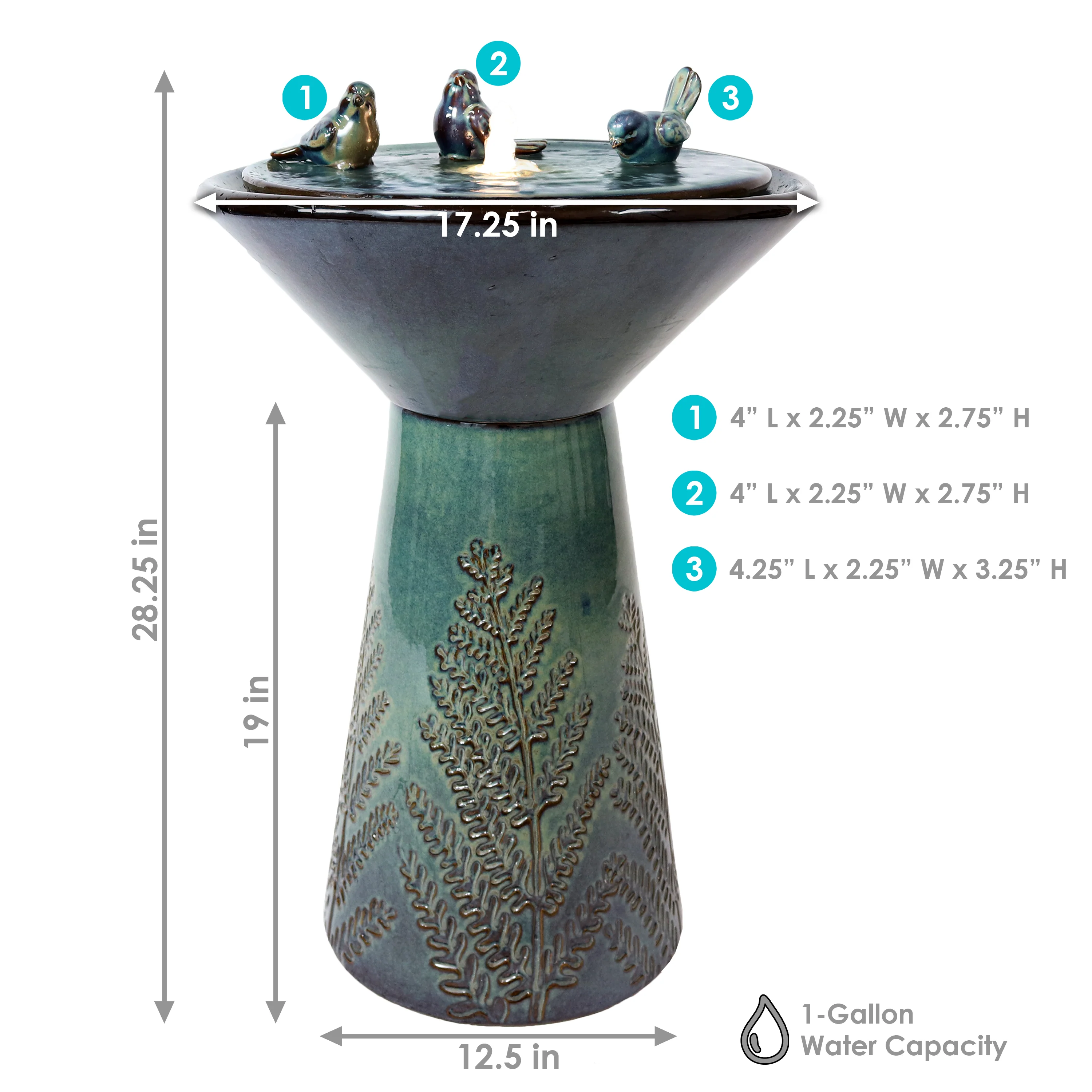 Sunnydaze Gathering Birds Ceramic Outdoor Fountain with LED Lights - 28.25
