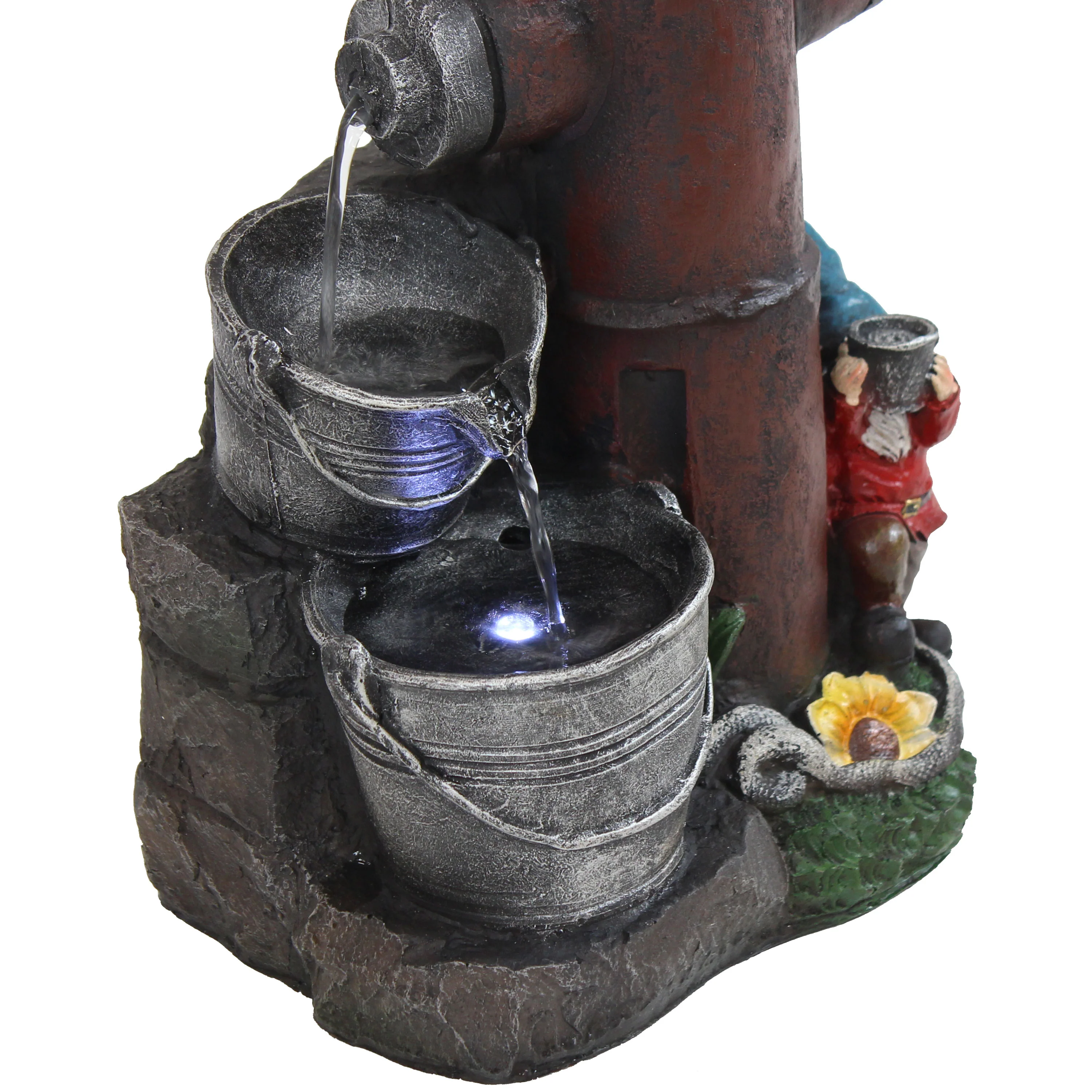 Sunnydaze Fire Hydrant Gnomes Outdoor Water Fountain with LED Light - 16