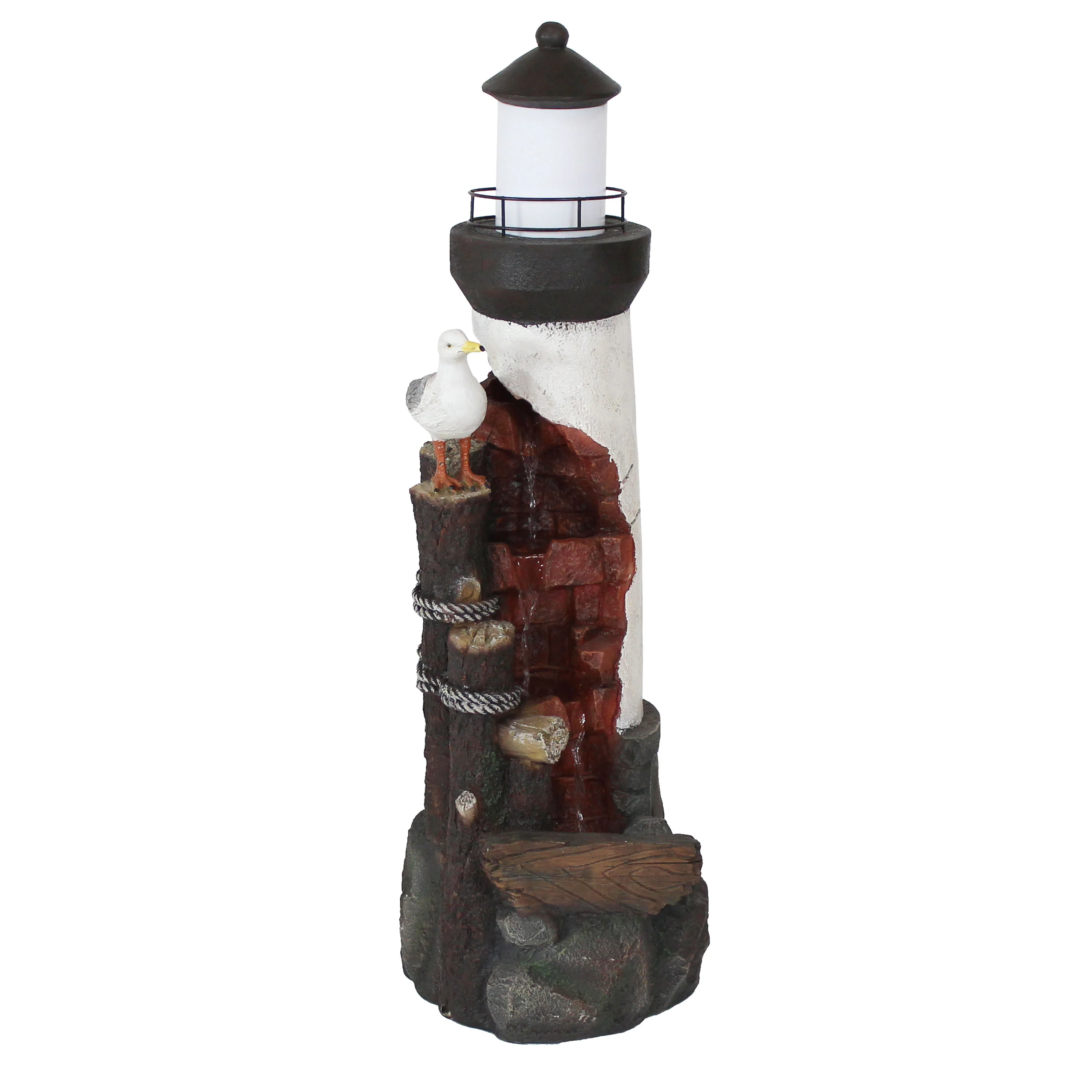 Sunnydaze Gull's Cove Outdoor Lighthouse Fountain with LED Light - 36