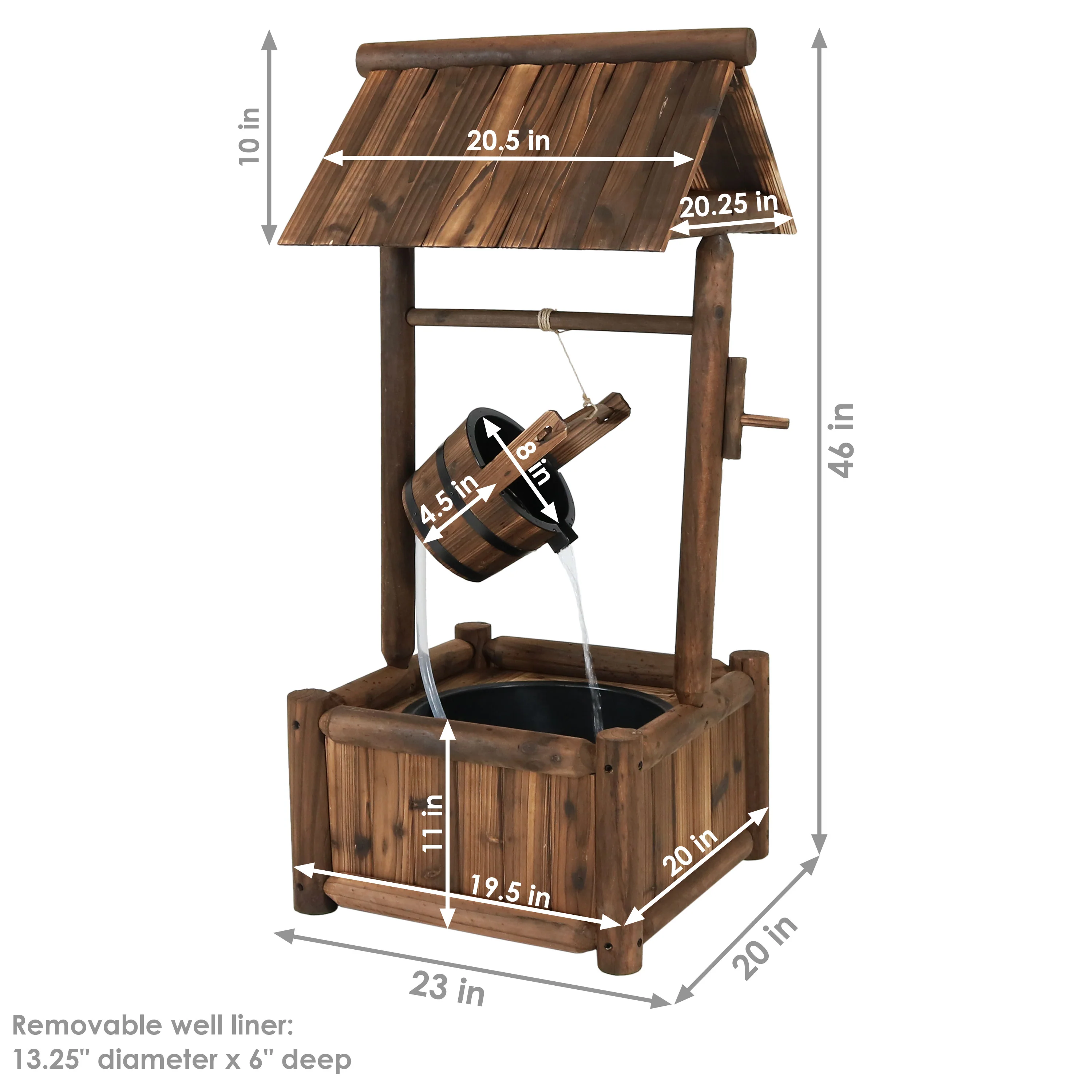 Sunnydaze Rustic Wood Wishing Well Outdoor Fountain with Liner - 46