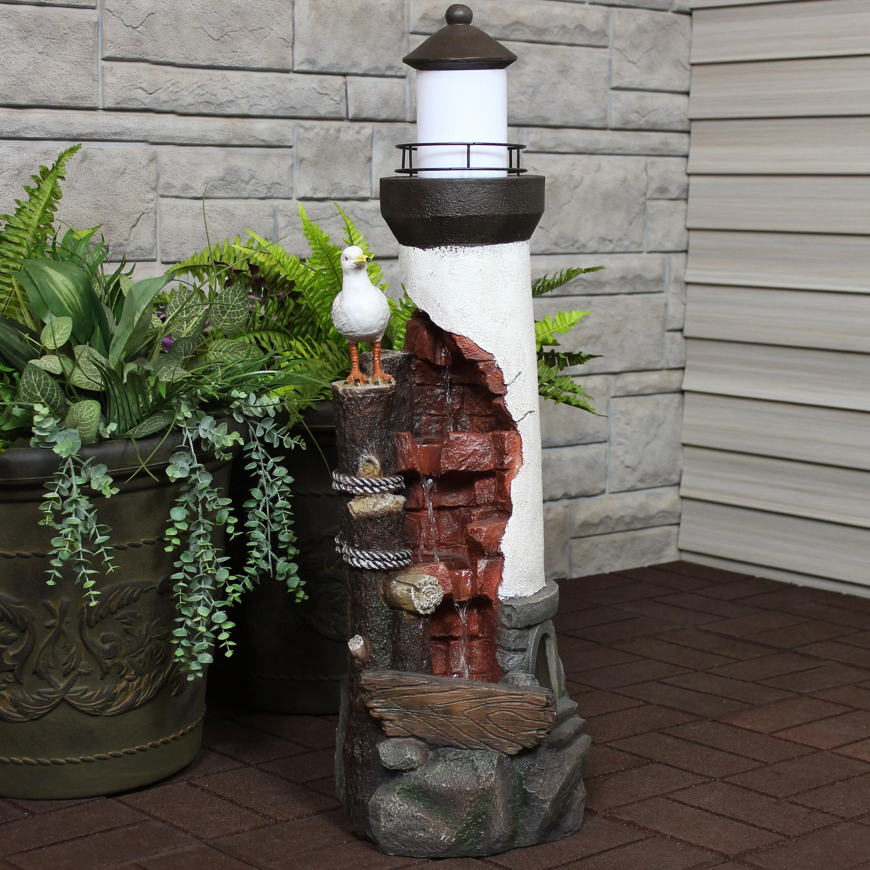 Sunnydaze Gull's Cove Outdoor Lighthouse Fountain with LED Light - 36