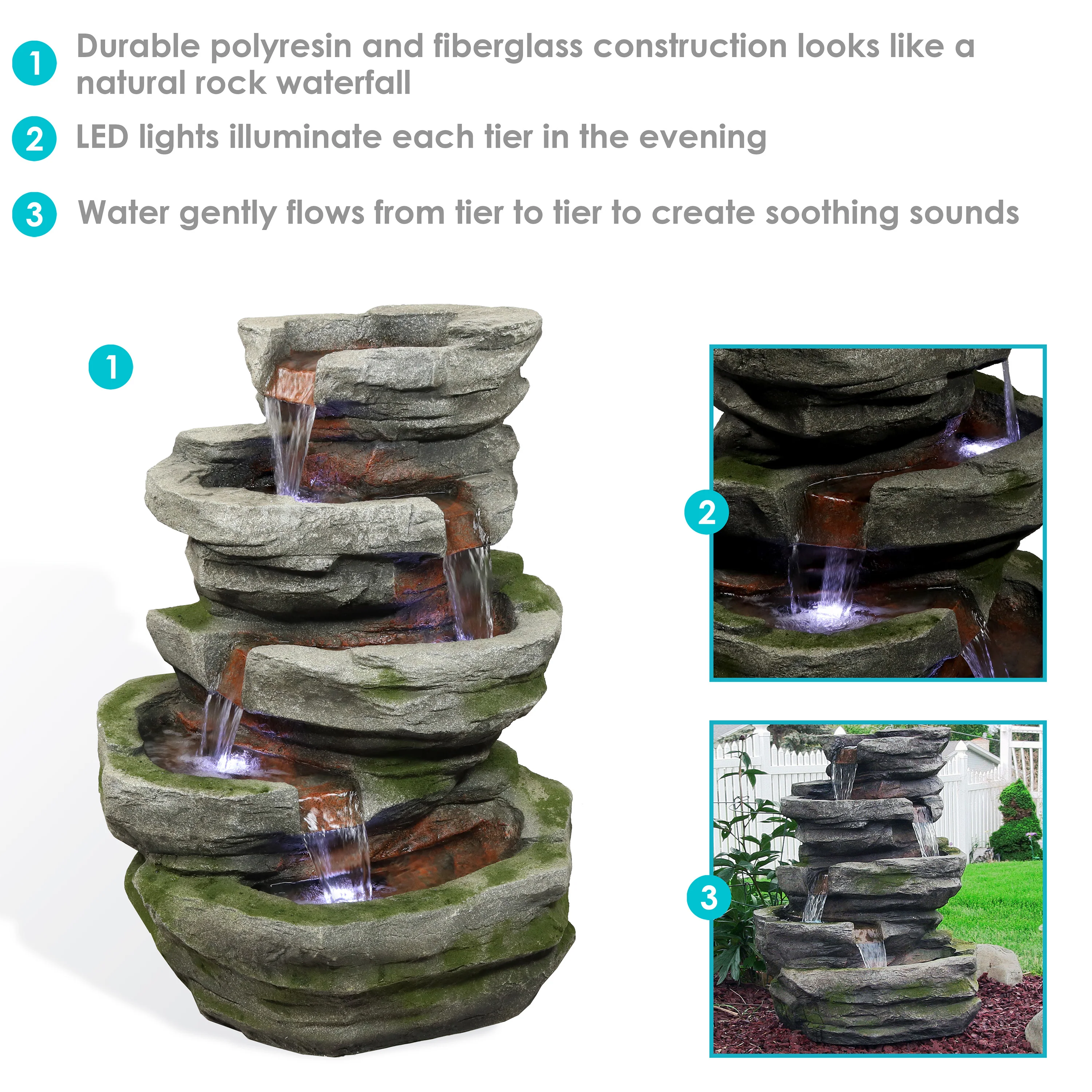 Sunnydaze Cobblestone Rock Waterfall Fountain with LED Lights - 31