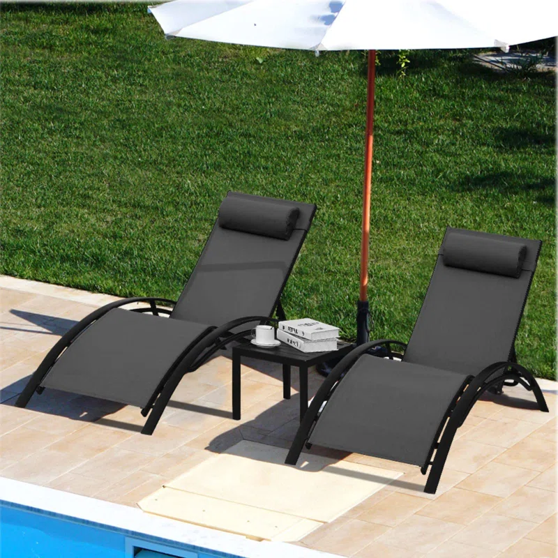 3 pcs Poolchairs Patio Chaise Lounge Set with Headrest, 5-Level Adjustable Sunbathing Tanning Poolside Recliner Chairs with Side Table for Outdoor Beach