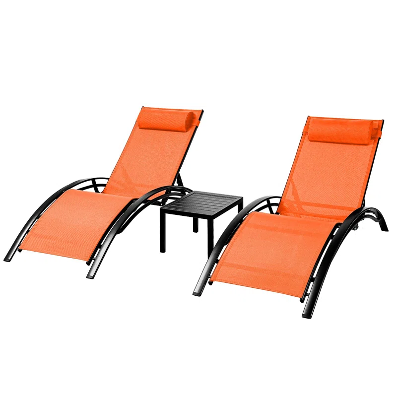 3 pcs Poolchairs Patio Chaise Lounge Set with Headrest, 5-Level Adjustable Sunbathing Tanning Poolside Recliner Chairs with Side Table for Outdoor Beach