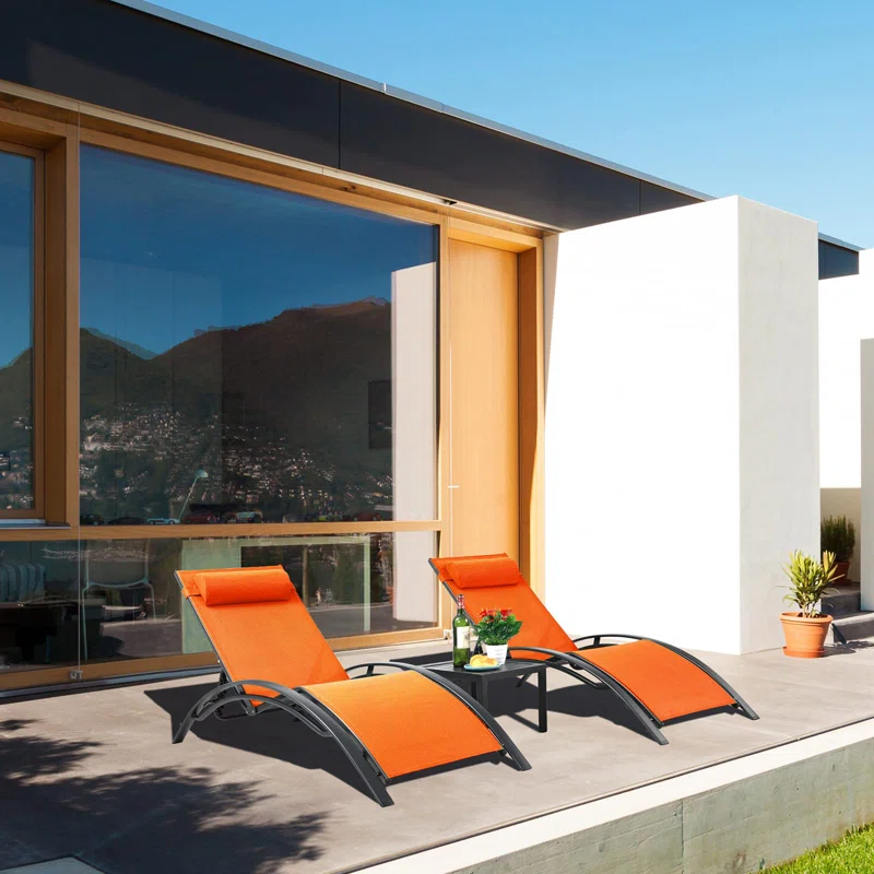 3 pcs Poolchairs Patio Chaise Lounge Set with Headrest, 5-Level Adjustable Sunbathing Tanning Poolside Recliner Chairs with Side Table for Outdoor Beach