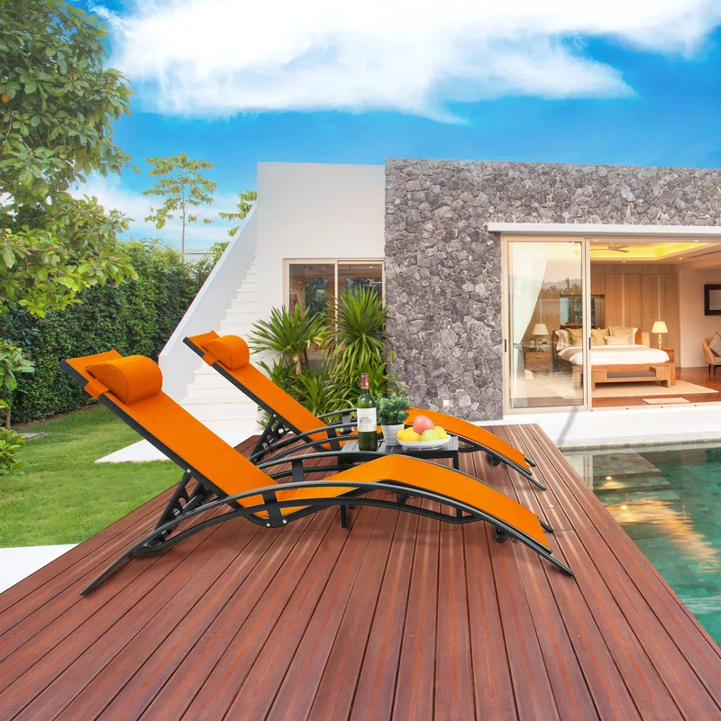 3 pcs Poolchairs Patio Chaise Lounge Set with Headrest, 5-Level Adjustable Sunbathing Tanning Poolside Recliner Chairs with Side Table for Outdoor Beach