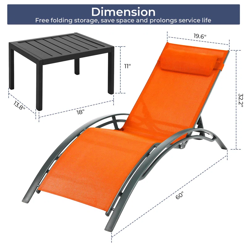 3 pcs Poolchairs Patio Chaise Lounge Set with Headrest, 5-Level Adjustable Sunbathing Tanning Poolside Recliner Chairs with Side Table for Outdoor Beach