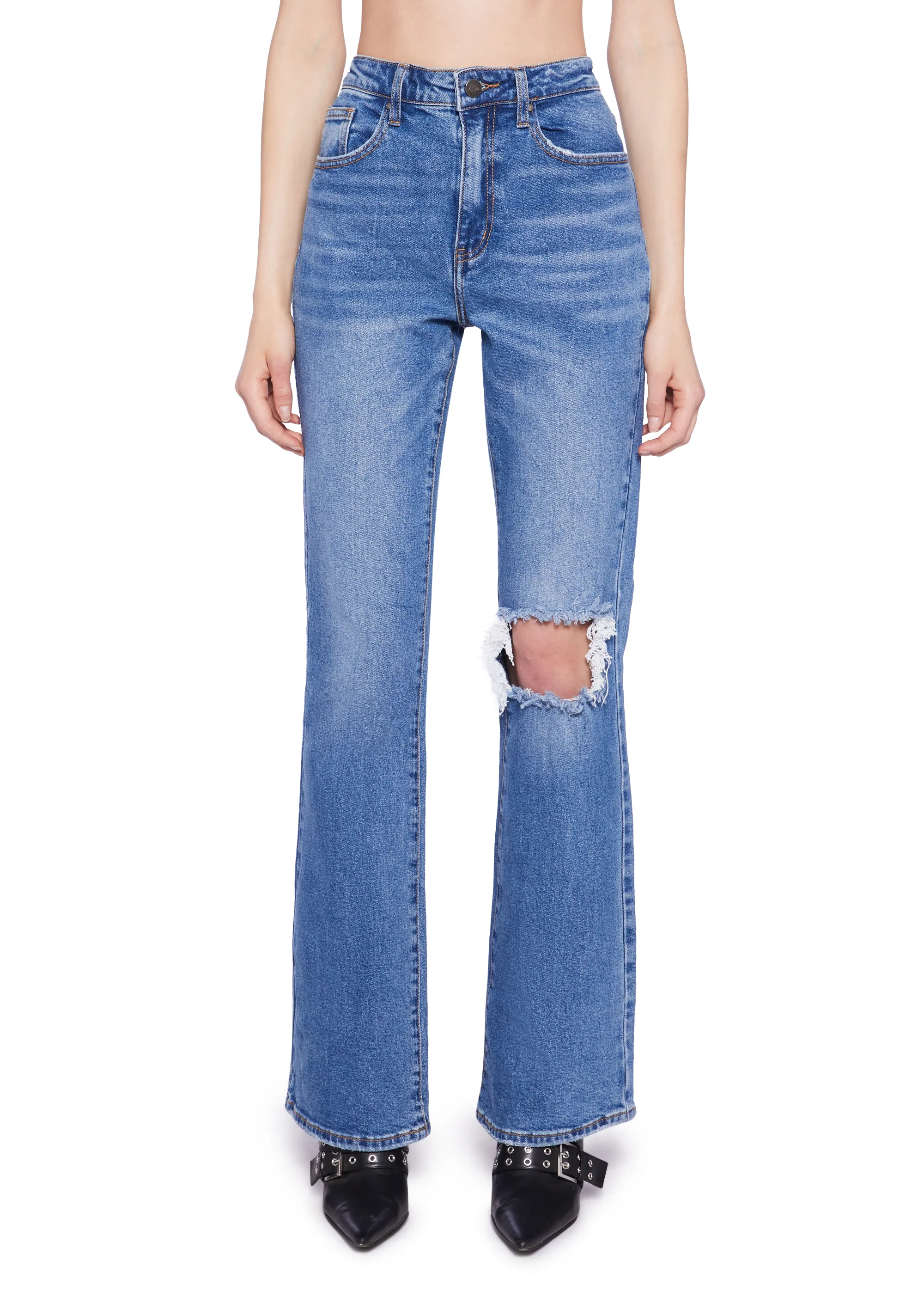 Distressed High Rise Flare Jeans