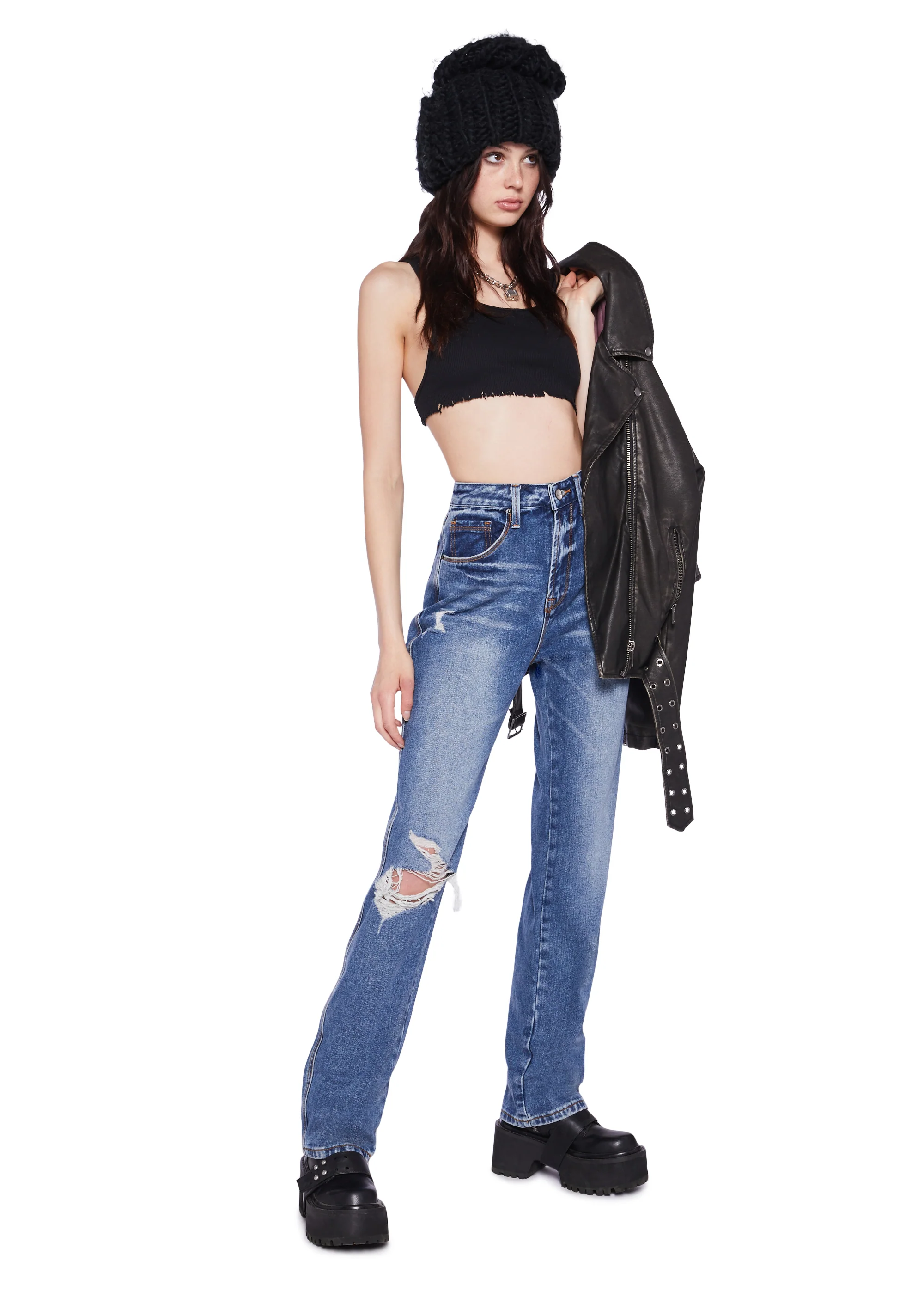 Distressed High Rise Straight Denim Jeans - Blue