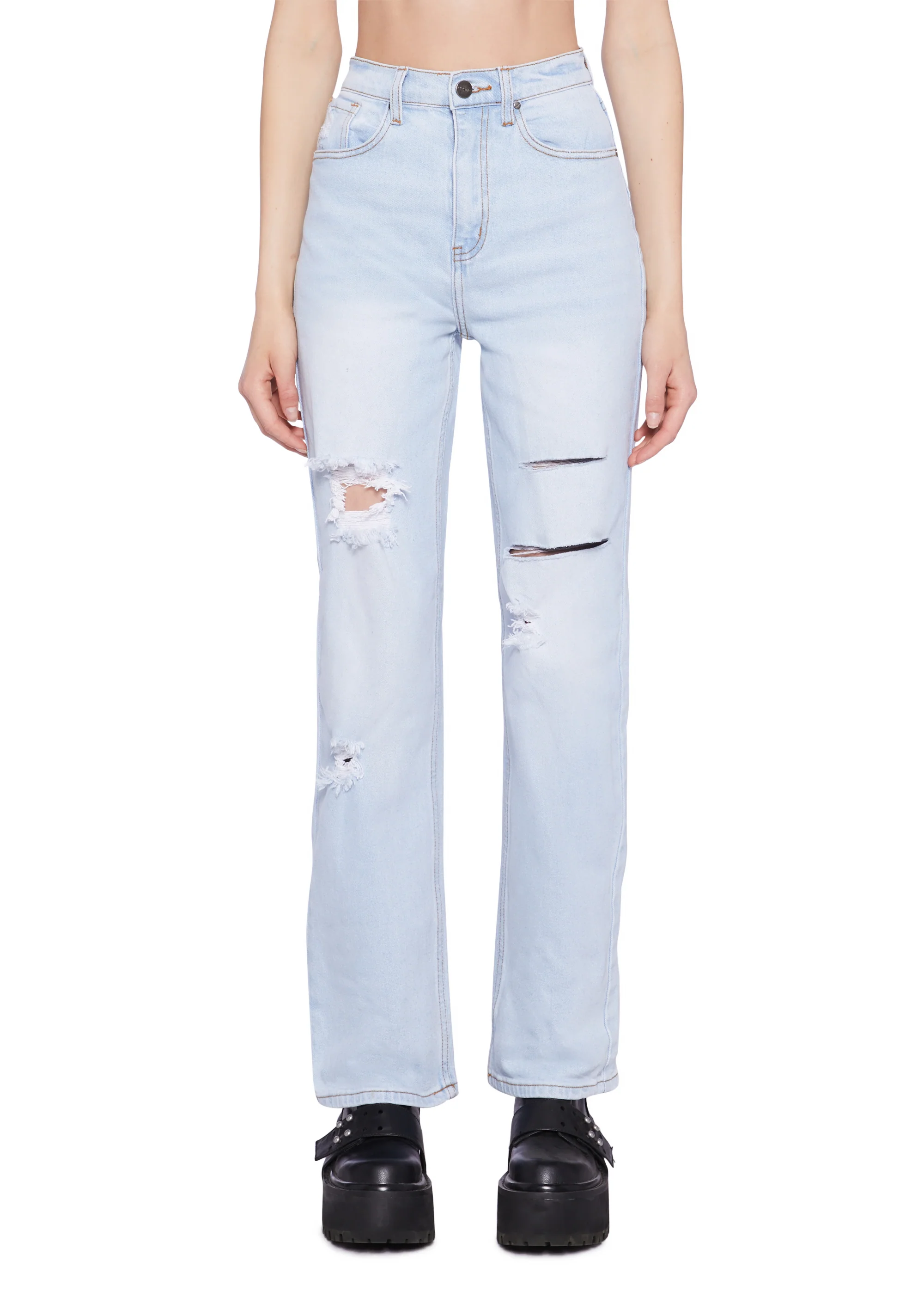 Distressed High Rise Straight Denim Jeans - Light Blue