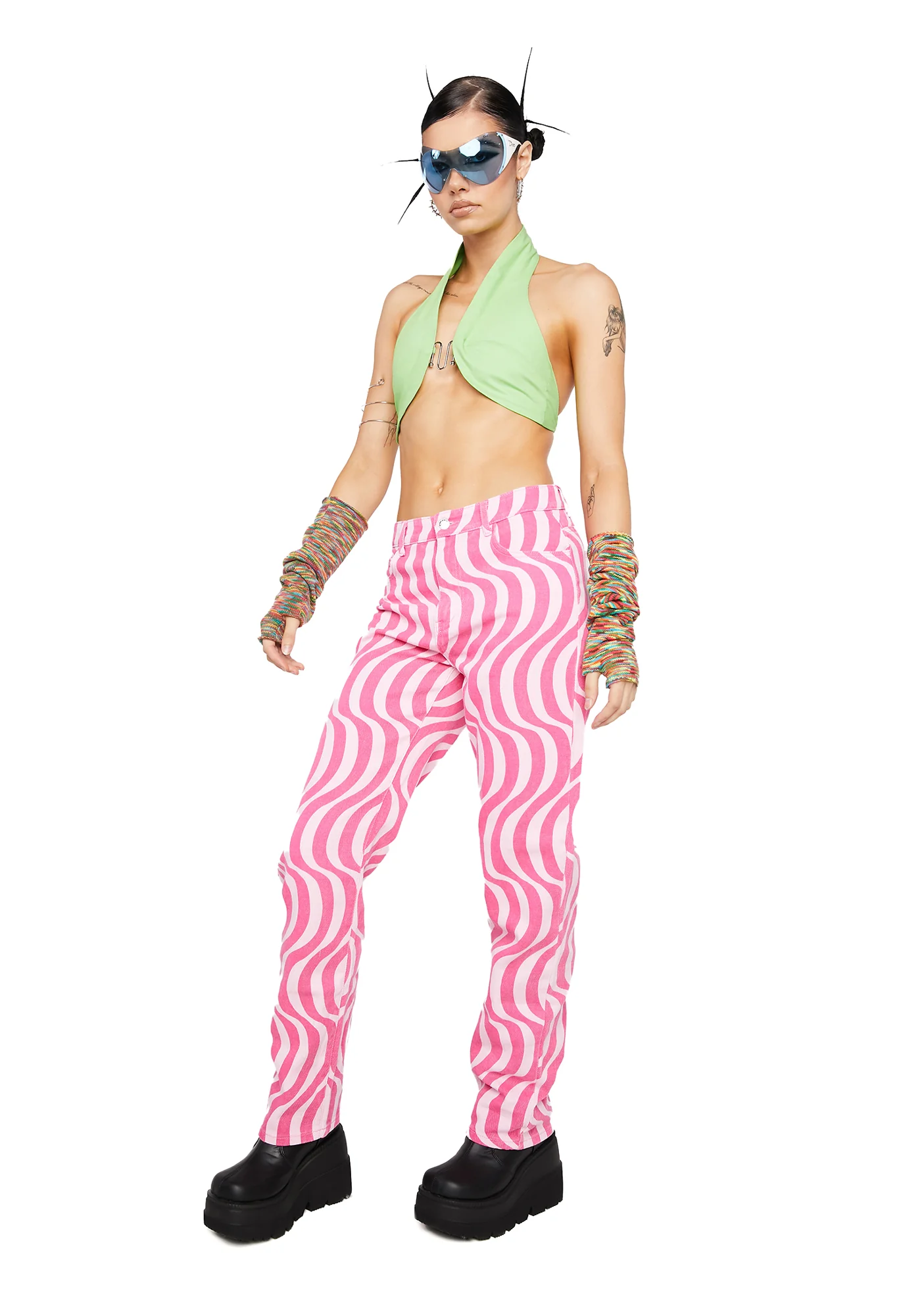Pink Swirl Abstract Mid Rise Straight Leg Jeans