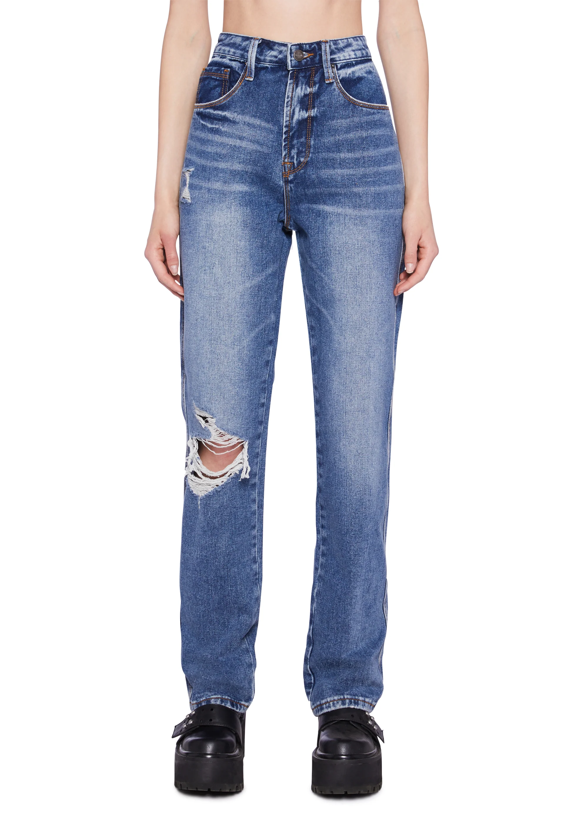 Distressed High Rise Straight Denim Jeans - Blue