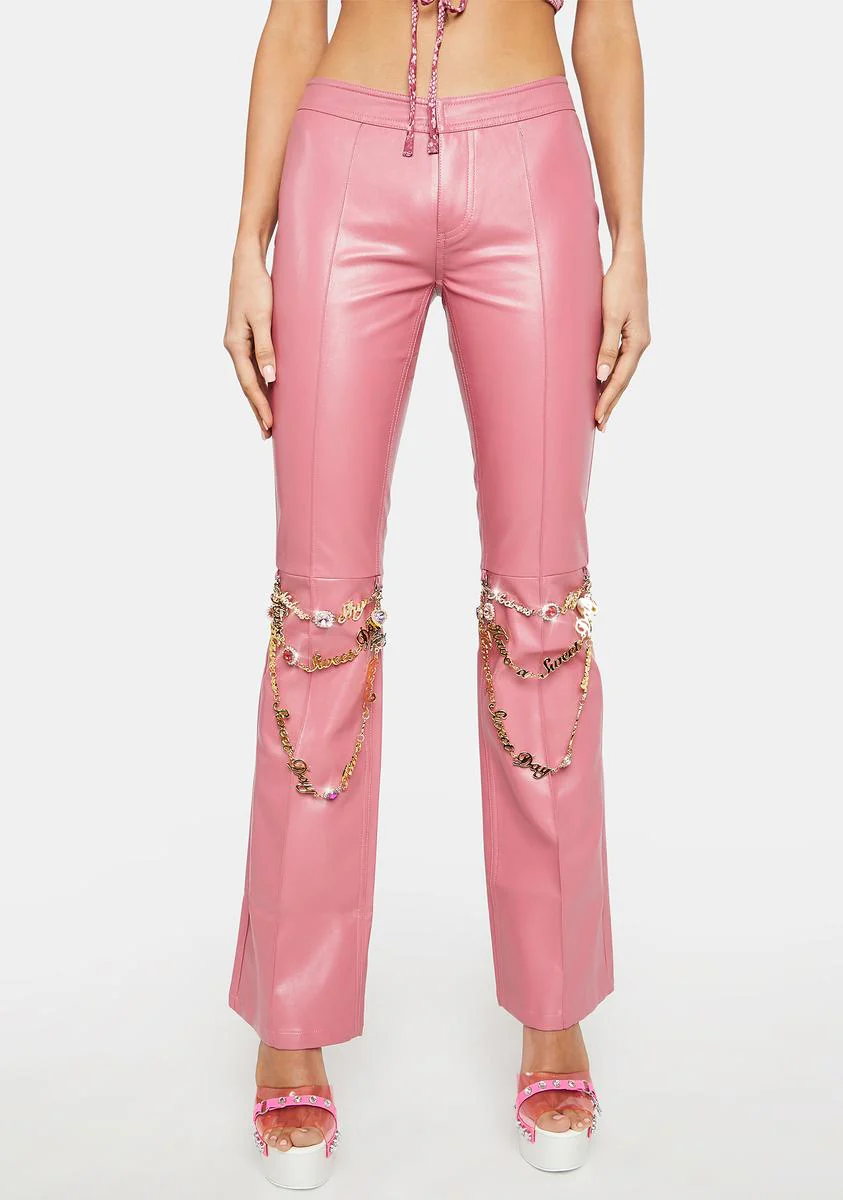 Rose Pink Slim Leather Pants With Chains
