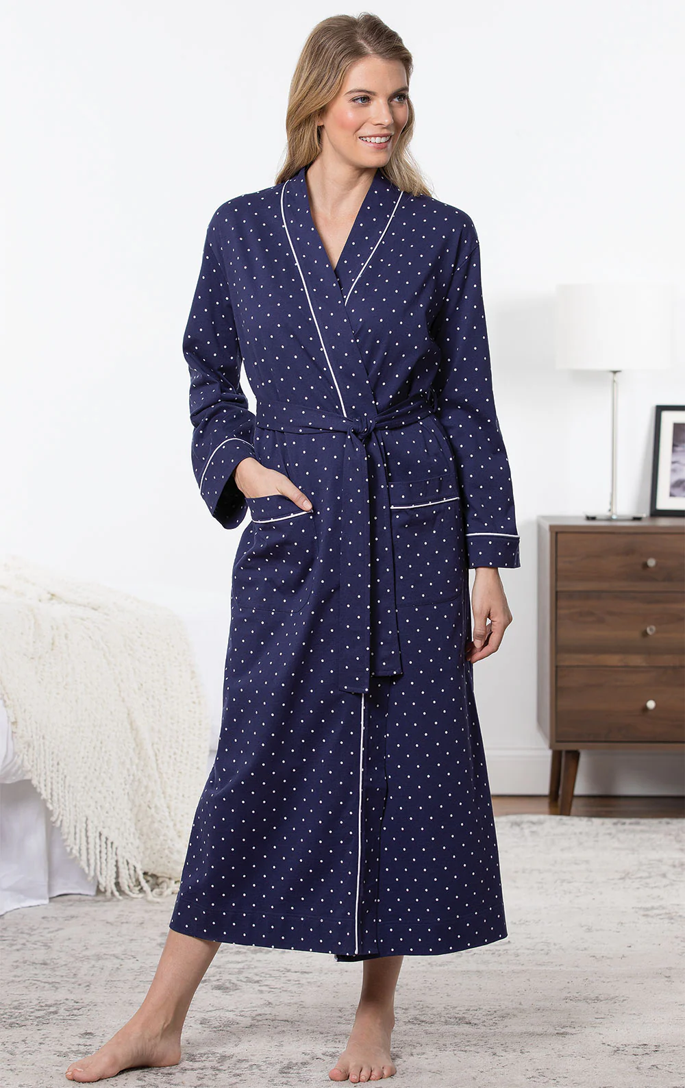 Classic Polka Dots Long Robe - Navy - EJIACHE