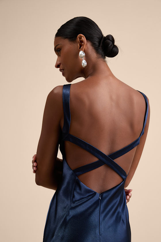 Perfectly Classy Navy Satin Strappy Maxi Dress Dress - EJIACHE