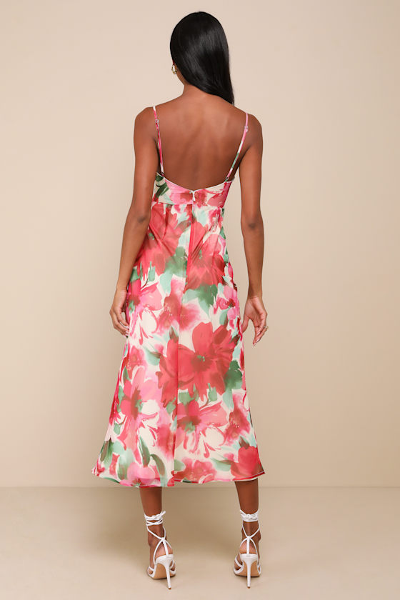 Beautiful Entrance Fuchsia Multi Floral Twist-Front Midi Dress Dress - EJIACHE