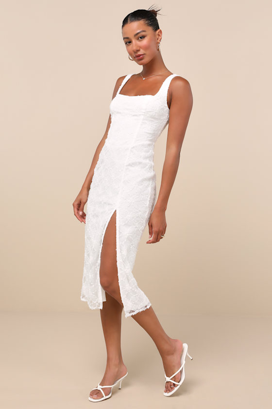 Kalani White Mesh Textured Midi Dress Dress - EJIACHE