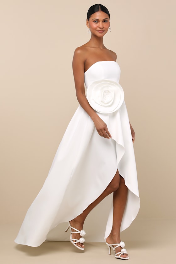 Emiliana White 3D Rosette Strapless High-Low Maxi Dress Dress - EJIACHE