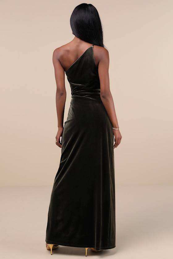 Elegant Era Olive Green Velvet One-Shoulder Maxi Dress Dress - EJIACHE