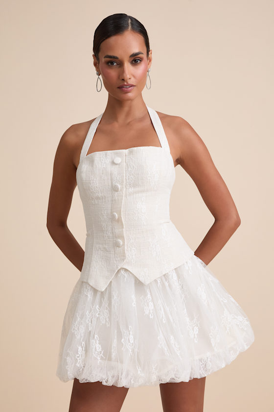 Ottoline Ivory Mixed-Media Bubble-Hem Halter Mini Dress Dress - EJIACHE