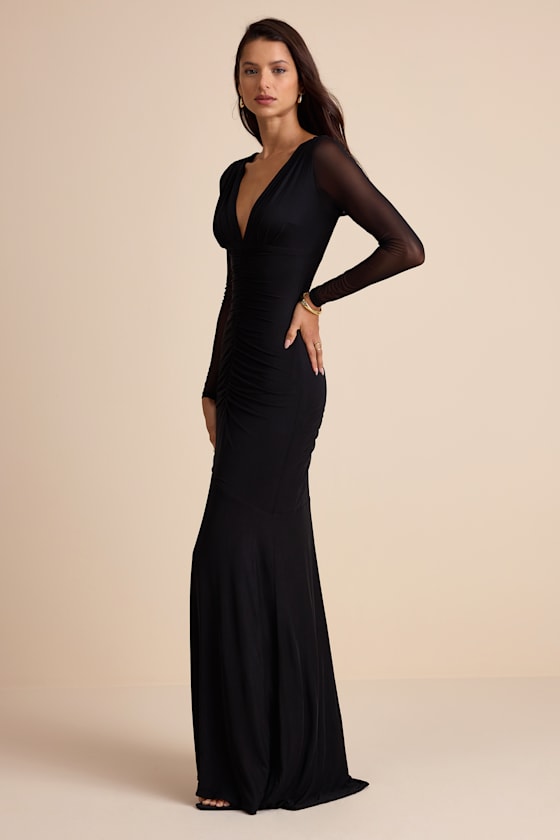 Georgina Black Jersey Knit Ruched Mermaid Maxi Dress Dress - EJIACHE