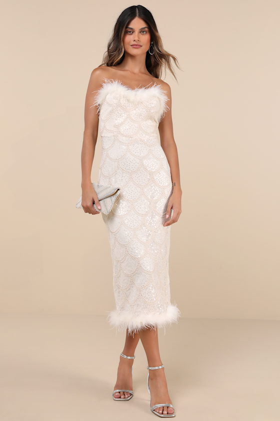 Uniquely Confident Cream Lace Feather Strapless Midi Dress Dress - EJIACHE