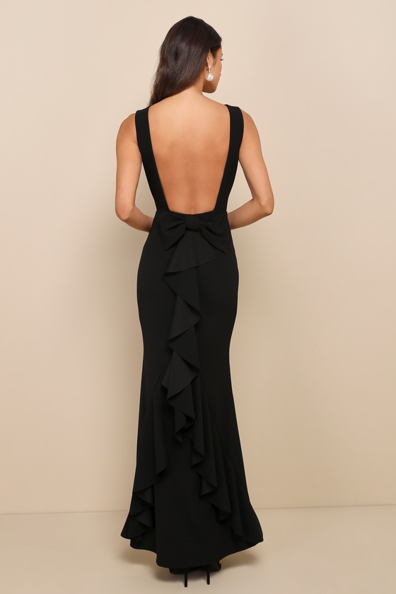 Exquisite Refinement Black Backless Bow Ruffled Maxi Dress Dress - EJIACHE