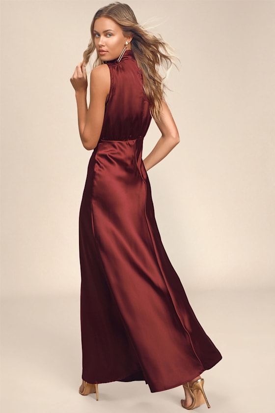Classic Elegance Wine Satin Maxi Dress Dress - EJIACHE