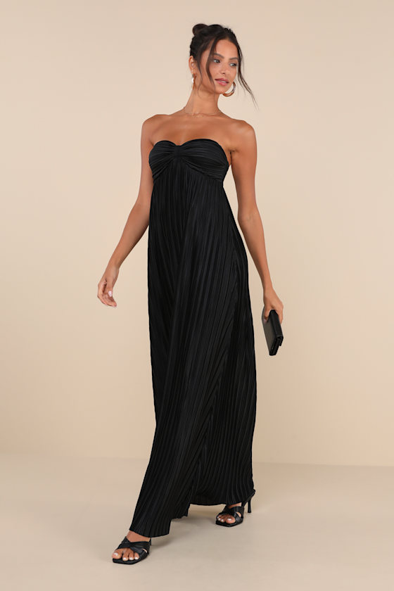 Whimsical Beauty Black Satin Plisse Strapless Maxi Dress Dress - EJIACHE