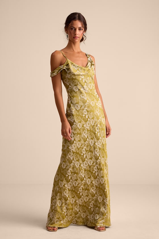 Cavani Chartreuse Floral Satin Asymmetrical Maxi Dress Dress - EJIACHE