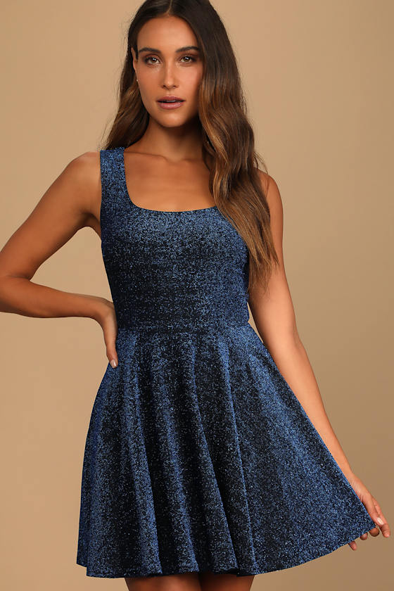 Best Date Ever Blue Metallic Skater Mini Dress Dress - EJIACHE