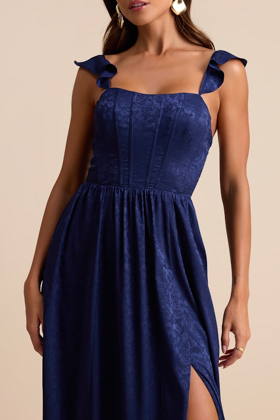 Arlaith Navy Jacquard Lace-Up Corset Maxi Dress Dress - EJIACHE