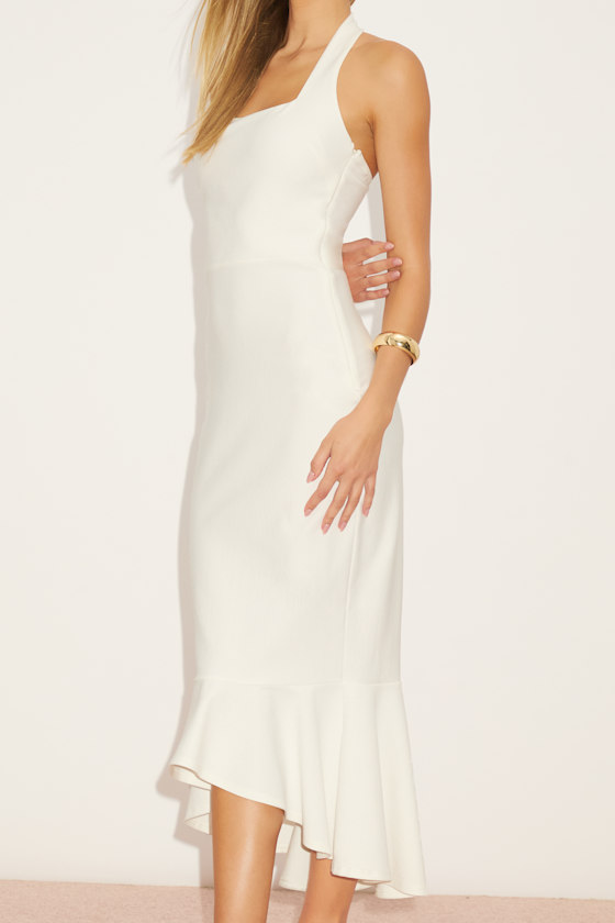 Londa White Halter Neck Trumpet Midi Dress Dress - EJIACHE