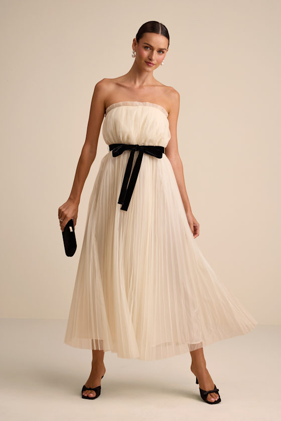 Ferreira Cream Tulle Pleated Bow Strapless Midi Dress Dress - EJIACHE