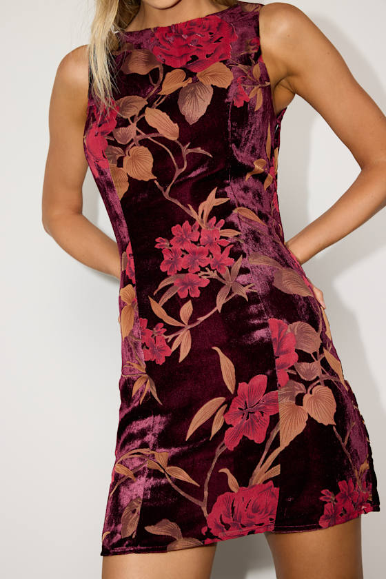 Taslin Burgundy Floral Burnout Velvet Sleeveless Mini Dress Dress - EJIACHE