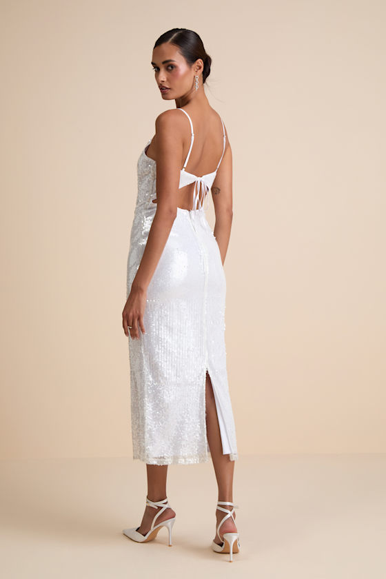 Cahya White Sequin Tie-Back Midi Dress Dress - EJIACHE