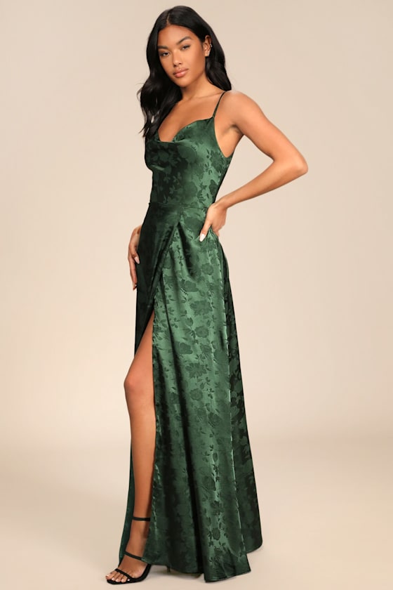 Simply Dreamy Emerald Green Satin Floral Jacquard Maxi Dress Dress - EJIACHE