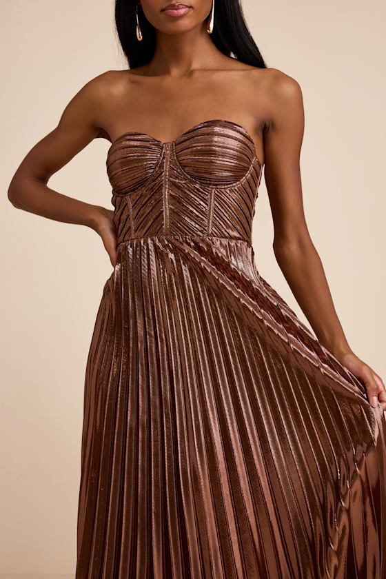 Shoshone Brown Pleated Lurex Strapless Bustier Maxi Dress Dress - EJIACHE