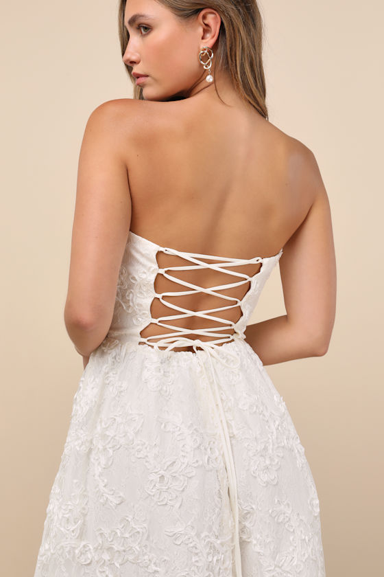 Galena Ivory Lace Applique Strapless Midi Dress Dress - EJIACHE