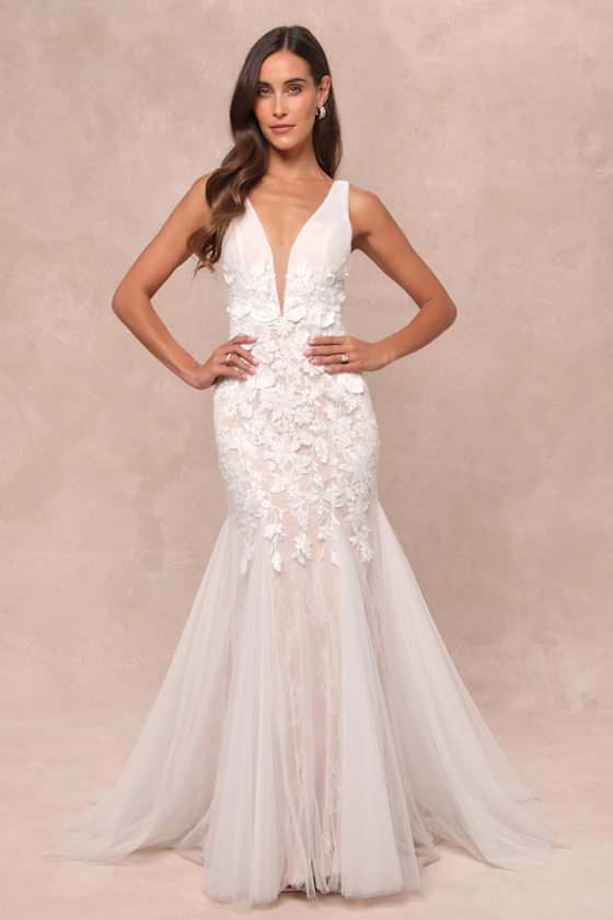 Exceptional Vow White Tulle Lace Applique Mermaid Maxi Dress Dress - EJIACHE