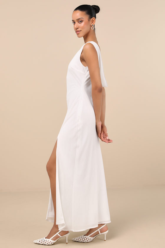 Yaneli White Boat Neck Cowl Back Maxi Dress Dress - EJIACHE