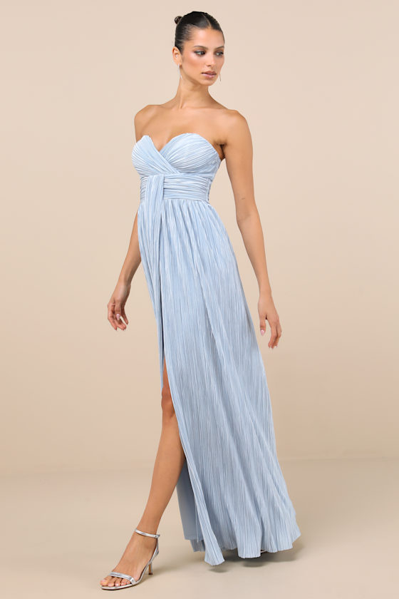 Oswin Light Blue Satin Plisse Strapless Maxi Dress Dress - EJIACHE