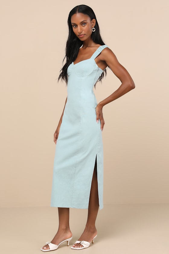 Amyra Light Blue Cap Sleeve Bustier Midi Dress Dress - EJIACHE