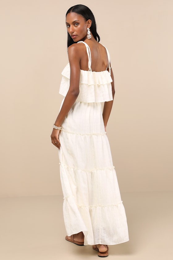 Inaya Ivory Textured Tie-Strap Tiered Maxi Dress Dress - EJIACHE