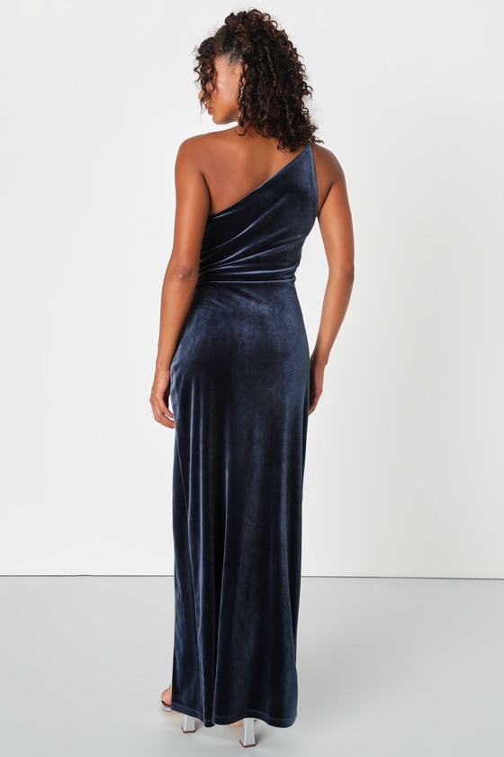 Elegant Era Dark Slate Blue Velvet One-Shoulder Maxi Dress Dress - EJIACHE