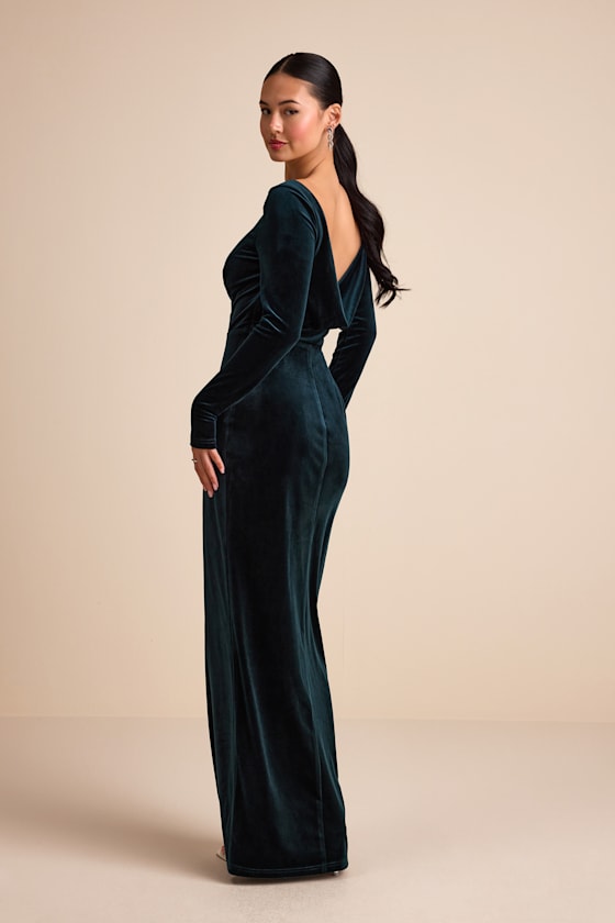 Duarte Emerald Velvet Cowl Back Long Sleeve Maxi Dress Dress - EJIACHE